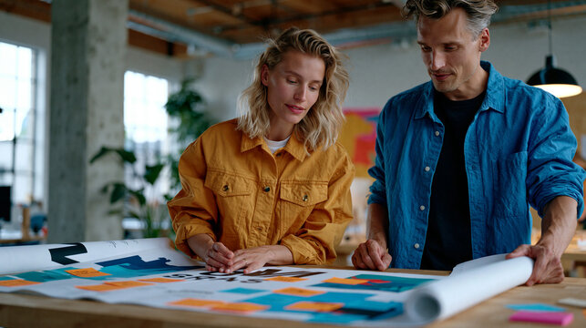 Founder and designer unrolling a large brand style guide across a wide wooden table, debating typeface choices with sticky notes flagging every page, the brand identity creation process shown in viv