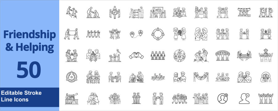Friendship and helping line icons, set of 50 editable stroke vector symbols, community support and teamwork outline illustrations for social charity
