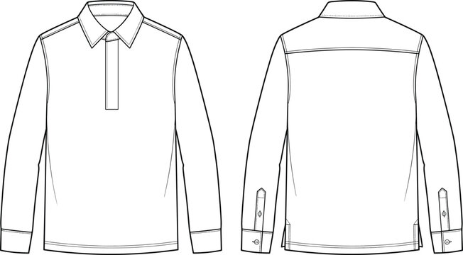 Long sleeve button placket collared shirt flat sketch technical drawing vector illustration with cuffs