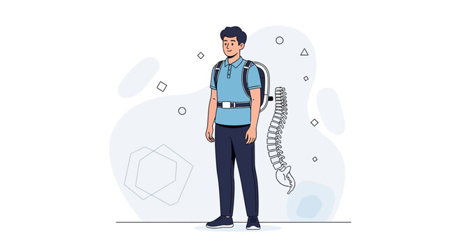 Man Wearing Exoskeleton for Spine Support and Posture Correction with Anatomical Spine Illustration