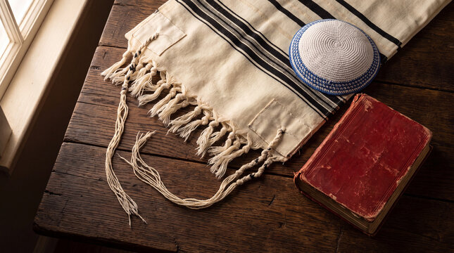 Traditional Jewish religious items including a striped tallit prayer shawl, a blue and white kippah, and an old book resting on a rustic wooden table.
