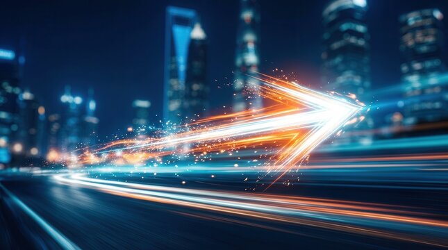 Abstract arrow of light speeding across a blurred city representing business transformation.
