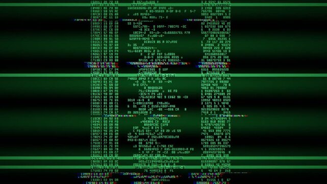 Green digital hacker terminal source code motion graphic, sci-fi cyber security system breach with scrolling text glitch and heavy horizontal screen tearing for cyberpunk VFX compositing loop 4k