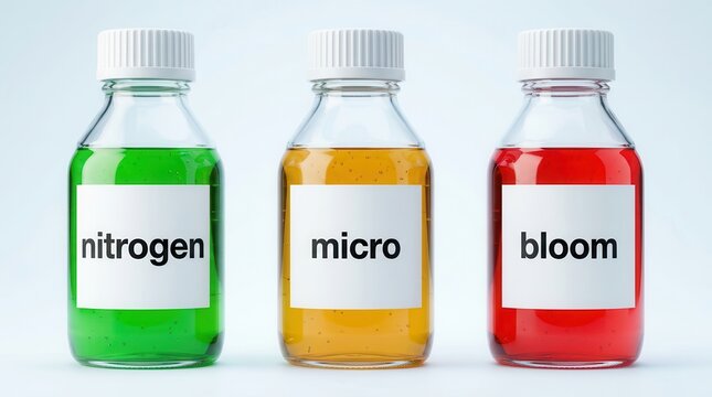 Three bottles of plant nutrient liquid solutions for gardening and agriculture labeled nitrogen, micro, and bloom.