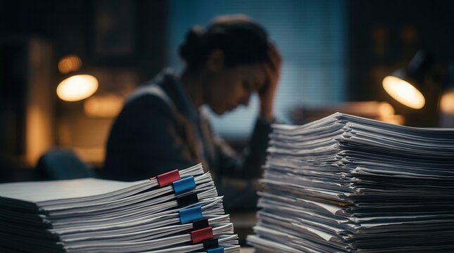 A silhouetted figure leans over a desk overwhelmed by a tall stack of paper documents.