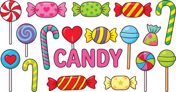 Colorful candy vector set featuring sweet lollipops, wrapped candies, peppermint swirls, striped cane sticks, and a bold text headline isolated on a white background.