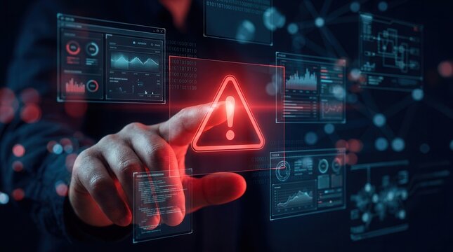 Warning alert icon signaling a hacked system and malicious software attack.