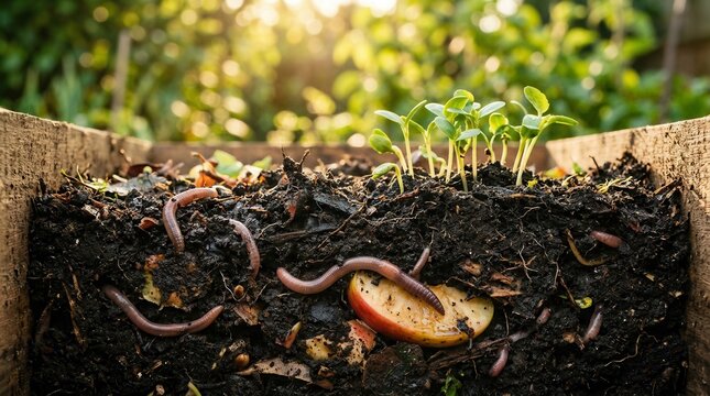 Healthy soil ecosystem with organic waste and worms in a compost bin.