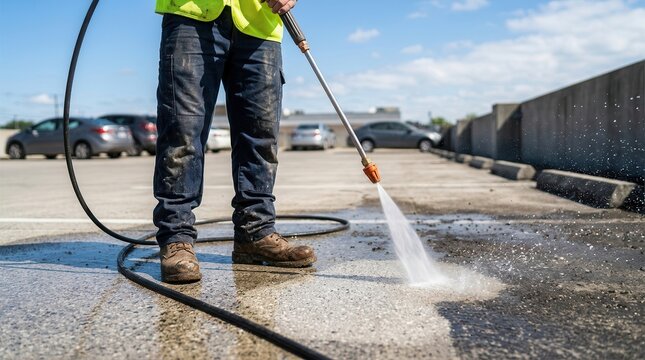 Professional worker uses a pressure washer to clean a concrete parking lot surface on a sunny day.