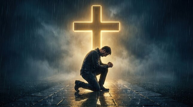 Man kneeling in heavy rain beneath a glowing cross expressing spiritual devotion and struggle.