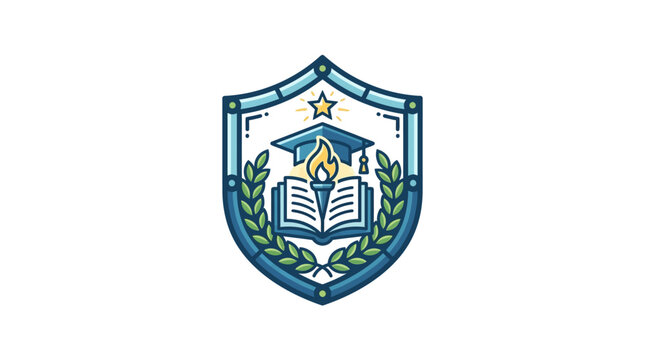Educational Emblem: A shield-shaped emblem symbolizing knowledge and achievement, featuring an open book, a graduation cap, and a burning torch, surrounded by laurel branches.