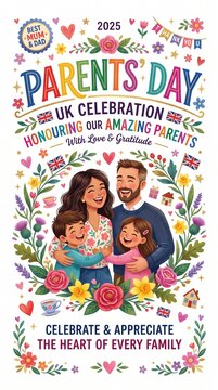 A vibrant 2025 Parents' Day UK celebration greeting card featuring a happy, loving family illustration surrounded by floral patterns, union jack flags, and festive decorative typography.