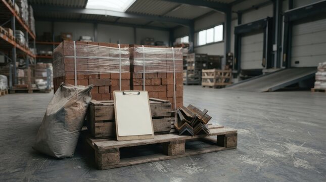 Shrink wrapped brick pallets, cement bag, steel offcuts, and clipboard in a warehouse bay with signs of construction material slowdown.