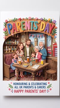 A warm, illustrative greeting card celebrating Parents' Day in the UK, featuring a multi-generational family having a meal together in a traditional British pub setting with iconic London imagery.