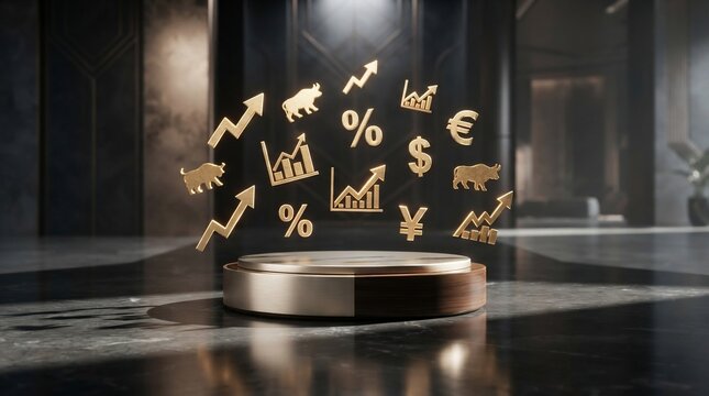 Financial growth symbols ascending from pedestal with modern interior lighting