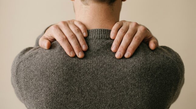 Hands resting on tense shoulders in close - up view