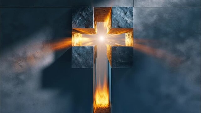Cross symbol carved in stone wall with glowing light representing spiritual and essence hope enlightenment