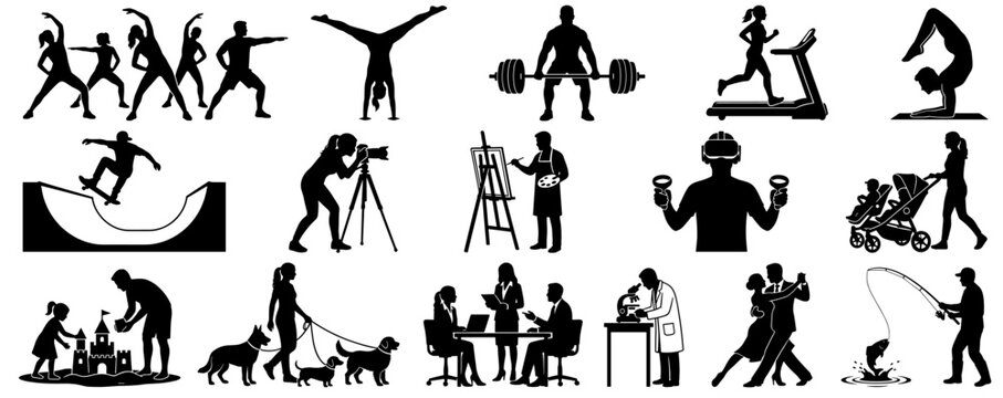 Set of black and white depicting diverse human activities, including martial arts, scientific research, crafts, and technology