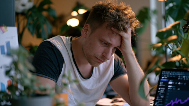 Solo founder sitting motionless at a desk with head in hands, inbox unopened, surrounded by growth charts and missed targets, the visible weight of startup burnout and mental health strain filling t