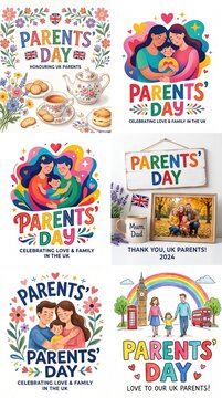 A collage of six vibrant and colorful illustrations celebrating Parents' Day, featuring diverse families, artistic designs, floral motifs, heartwarming scenes, and celebratory typography.