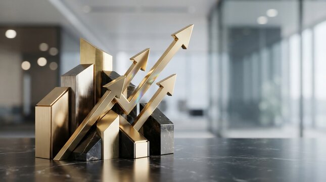 Financial growth upward trend bars and arrows metallic gold and silver