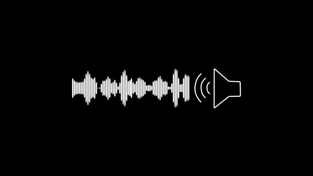 White Digital Audio Waveform Visualizer Sound Frequency Spectrum Line Animation with Speaker Playing Voice Message and Music Rhythm Soundwave Icon on Dark Black Background for Media Player