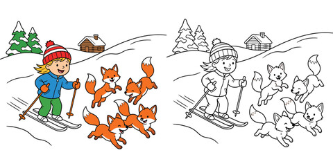 Naklejka premium Cute Girl Skiing with Playful Foxes