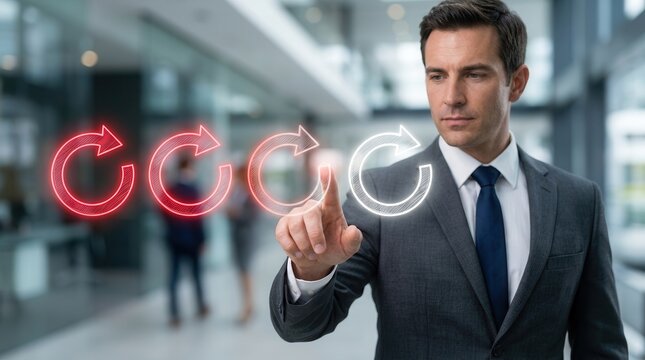 A businessman's hand interacting with red arrows representing organization transition and process alignment.