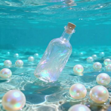 Underwater glass bottle with floating pearls. Translucent luxury container submerged in turquoise ocean waves Ideal for branding, advertising, presentations, websites, social media, banners, pac siyam