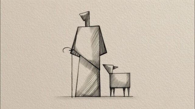 Shepherd figure standing with a lamb symbolizing guidance care and protection in minimalist drawing style