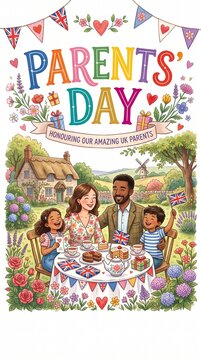 A festive Parents' Day celebration illustration featuring a diverse family enjoying a garden tea party with bunting, colorful flowers, and a charming cottage in the background