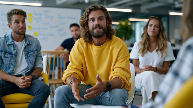 Startup team in a casual open office environment decorating a whiteboard wall with team values written in hand, mismatched chairs pulled into a circle for an impromptu culture conversation, the huma
