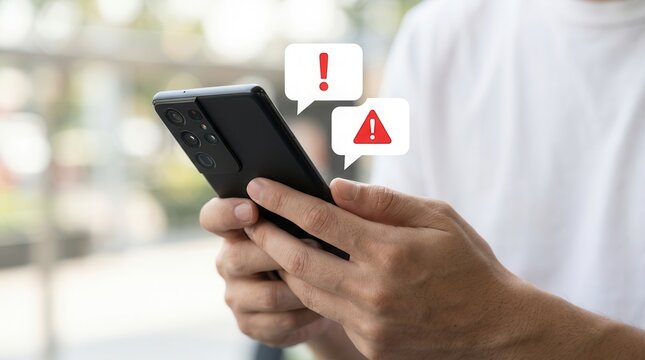 Cybersecurity threat from fake email and SMS alerts on a smartphone with red warning icons.