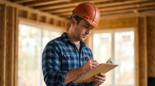 Professional inspector performing a house energy audit and documenting findings on a clipboard.