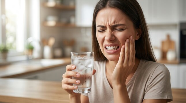 Woman suffering from intense tooth ache and sensitivity while drinking cold water.
