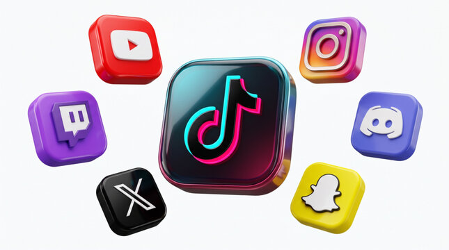 3d modern glossy social media app logo icons set featuring tiktok, instagram, youtube, twitch, discord, snapchat, and x. Floating square interface buttons for mobile application marketing and web desi