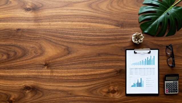 Financial analyst reviewing business growth charts on wooden desk. Professional workspace with calculator, pen, and data reports for corporate stra Ideal for branding, advertising, presentations siyam