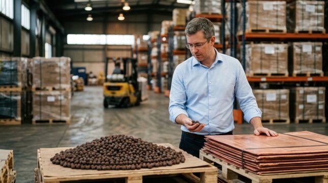 Commodities analyst examining copper cathodes and iron ore pellets in a warehouse with pallets, forklift, and industrial stockpiles.
