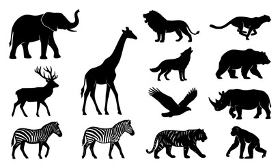 Obraz premium Black Wild Animal Silhouette Vector Set Safari Wildlife and Forest Beast Flat Icon Collection