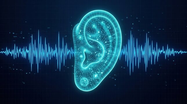 Glowing digital ear with soundwaves representing cochlear implant evaluation and hearing screening.