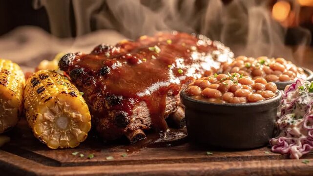 Succulent BBQ Pork Ribs with Glazed Sauce Served with Grilled Corn and Baked Beans on Rustic Board