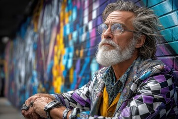 Fototapeta premium Older man sits thoughtfully against a colorful graffiti wall in an urban setting