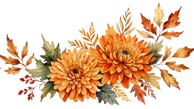 Autumn orange chrysanthemum floral bouquet with autumn leaves isolated on transparent background, watercolor AI art