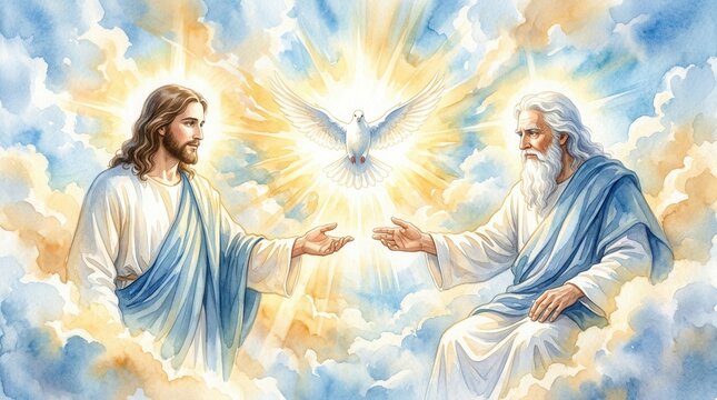 Jesus Christ and God the Father meet in divine light with a Holy Spirit dove in watercolor art.