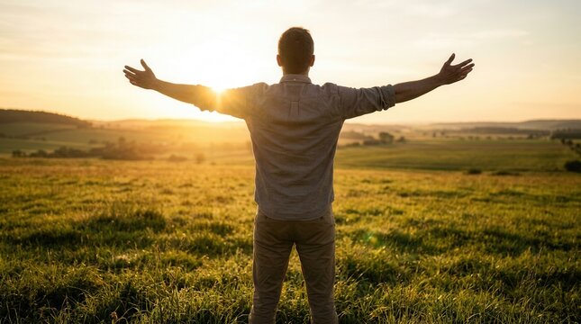 Man with outstretched arms embracing a glorious sunrise over a vast green meadow.