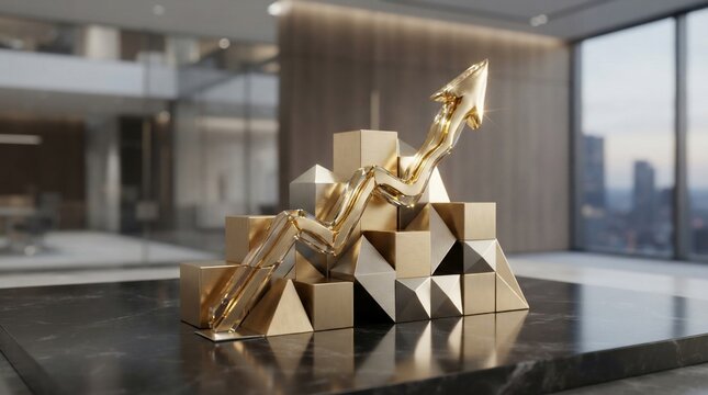 Golden upward arrow sculpture on geometric pedestal in modern office interior