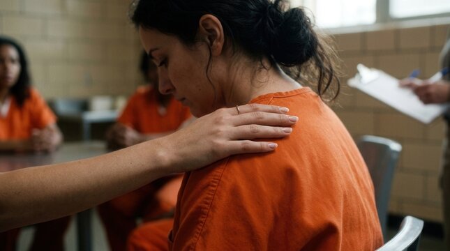 Young adult woman placing her hand on the shoulder of another woman in orange prison uniform.