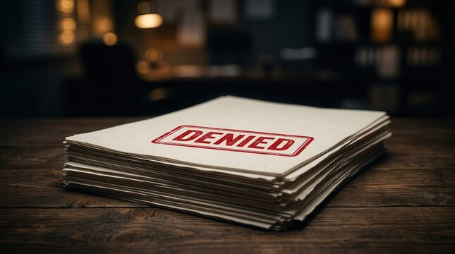 A stack of white papers with a red DENIED stamp representing loan rejection.