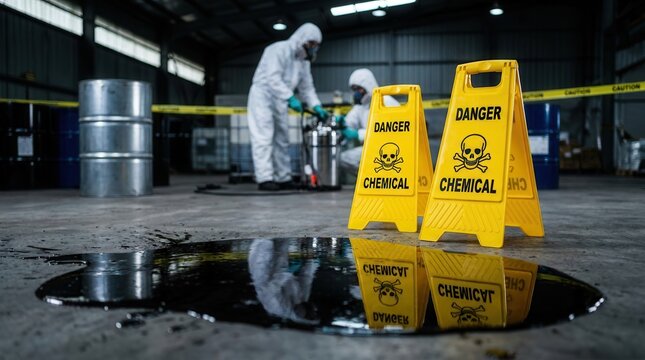 Hazardous chemical spill response in a warehouse featuring safety measures and protective suits.