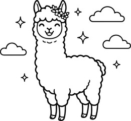 Fototapeta premium Cute Cartoon Alpaca Wearing Flower Crown Standing with Clouds and Sparkly Stars Background Coloring Page Line Art Vector Illustration for Kids Activity Books